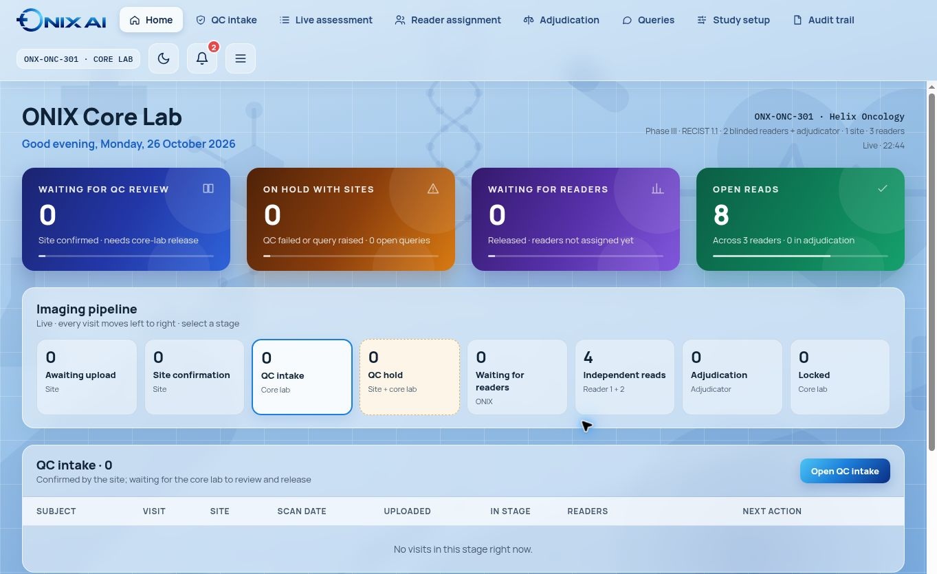 Actual core-lab dashboard. Existing release and assignment records were reviewed; no study settings, assignments or clinical decisions were changed.